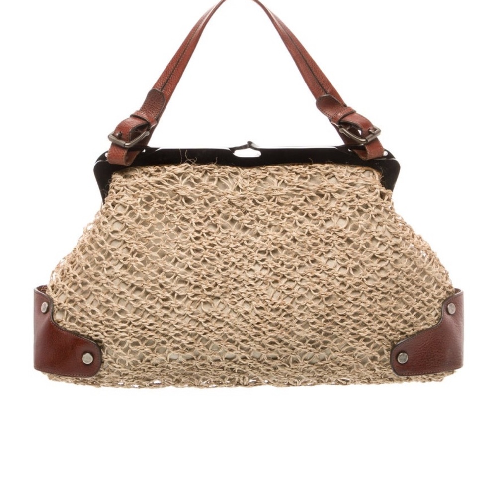 Marni Woven Straw Tote Bag with Brown Leather Trim